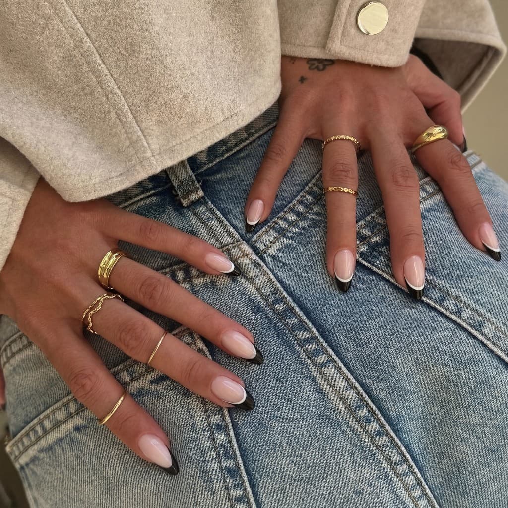Beautigel gel nail wraps on hands with gold rings